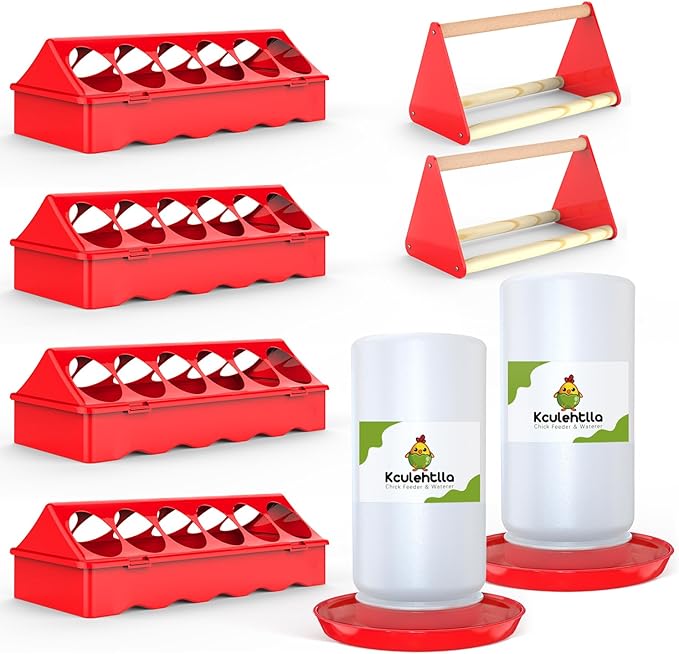 8Pcs Chick Feeder and Waterer Kit, Baby Chicken Supplies with Chicks Perch, Plastic Feeder Trough and 1.2L Waterer