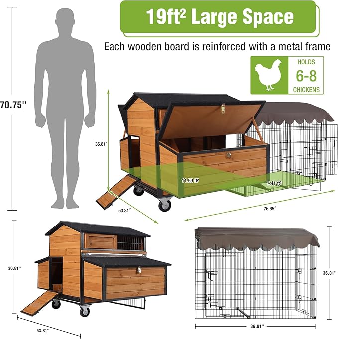 GUTINNEEN Mobile Chicken Coop with All-Around Metal Frame, 76.7" Large Chicken Coops with Super Large Wheels, Outdoor Poultry Cage Hen House with Metal Run for 6-8 Chickens