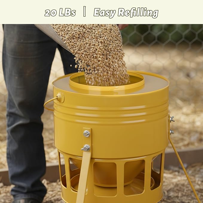 KOL Metal Chicken Feeder - 20lbs No Waste Chicken Feeder with 12 Ports, Powder Coated Rust-Proof Design & Smooth Edges for Safe Feeding (Yellow)