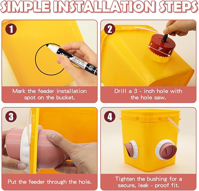 Chicken Feeders No Waste, DIY Automatic Poultry Feeder 8 Ports 1 Hole Saw with Covers Gravity Feed Kit for Buckets Barrels Bins Troughs (Pink and White)