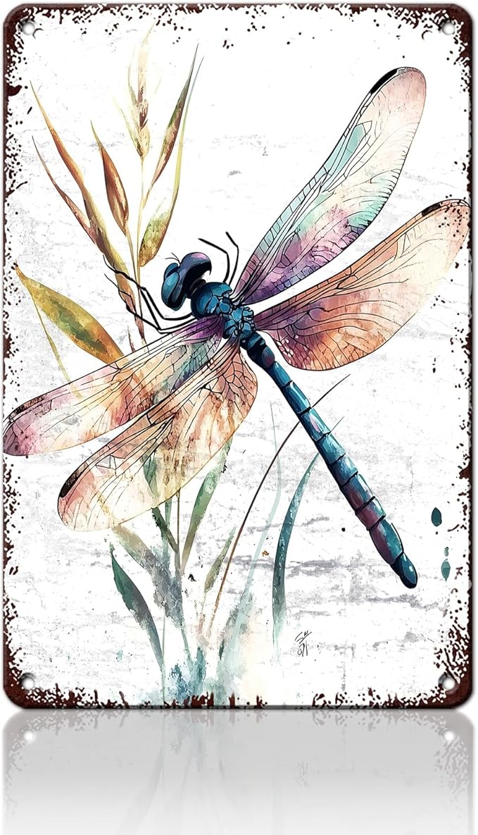 Dragonfly Garden Decor Watercolor Dragonfly Metal Tin Sign Vintage Wall Art for Home Decor Patio Garden Outdoor & Indoor Nature Inspired 12x16inch