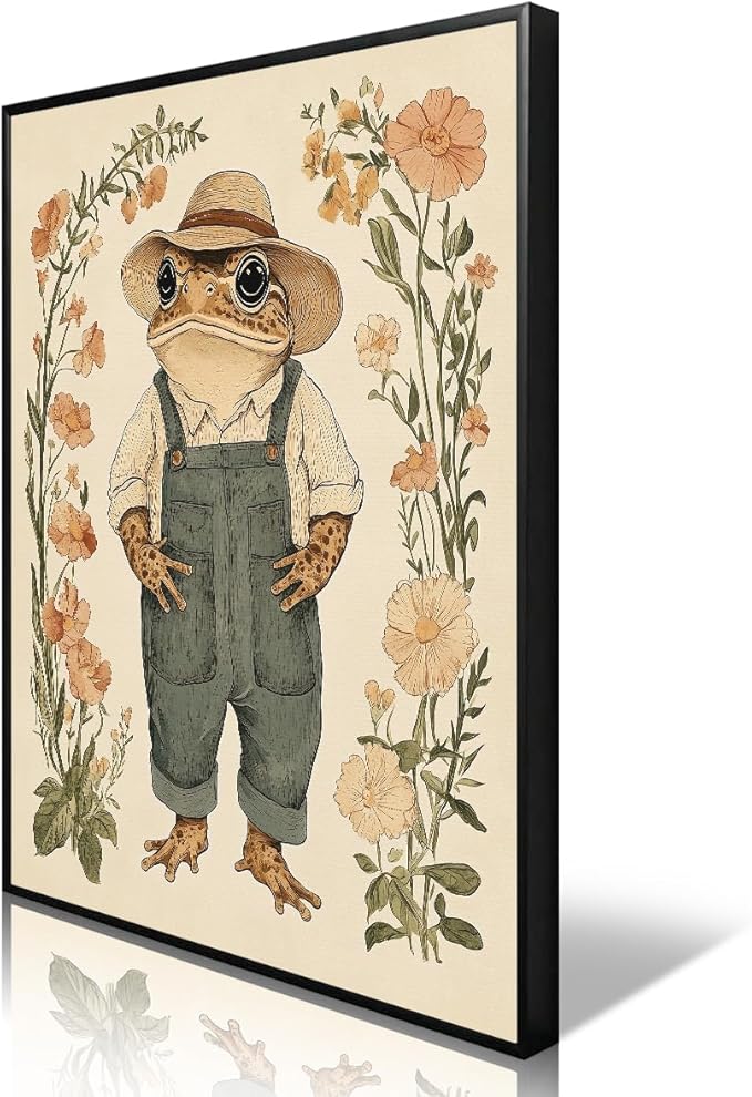 Nursery Animal Canvas Wall Art, Toad In Overalls Poster, Rustic Frog and Wild Flowers Painting, Cozy Folk Art Print, Farmhouse Animal Botanical Floral Painting for Kids Room 8x12in Wrapped Canvas