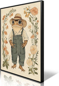 Nursery Animal Canvas Wall Art, Toad In Overalls Poster, Rustic Frog and Wild Flowers Painting, Cozy Folk Art Print, Farmhouse Animal Botanical Floral Painting for Kids Room 12x16in Unframed