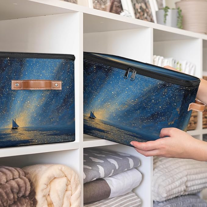 Ocean Beach Storage Bins with Zipper Lid Fabric Home Cubes Storage Baskets Boxes Clothes Organizer Container Galaxy Star