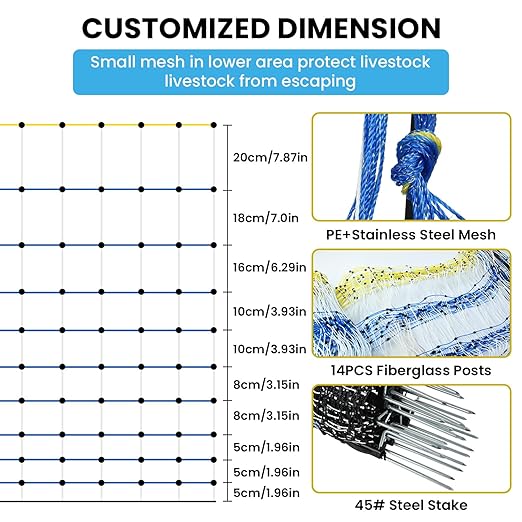 Electric Poultry Netting, 42" H x 164'L Electric Anti-Predator Poultry Fence, PE Net Fencing Kit with 14 Posts Double Spiked, Movable Livestock Nets for Chickens, Ducks, Geese, Sheep and Other Poultry