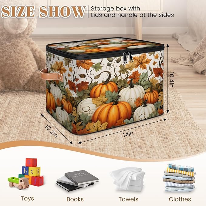 Fall Pumpkin Storage Bins with Lids, Maple Leaf Fabric Storage Boxes with Zipper, Collapsible Decorative Closet Organizer Cube for Clothes,Organizing, Shelves