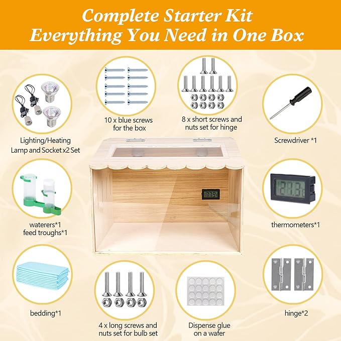 Chicken Brooder Box Kit with Adjustable Temperature Control & Embedded Thermometer - Includes 2 Heating Bulbs, 10 Absorbent Pads, Feeder, Waterer - Brooder Heater for Chicks, Quail