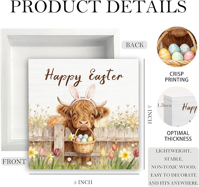 Happy Easter Highland Cow Wooden Box Sign Desk Decor, Spring Wildflower Easter Egg Farm Highland Cow Wood Signs for Home Office Desk Table Shelf Decorations, 5x5 Inch
