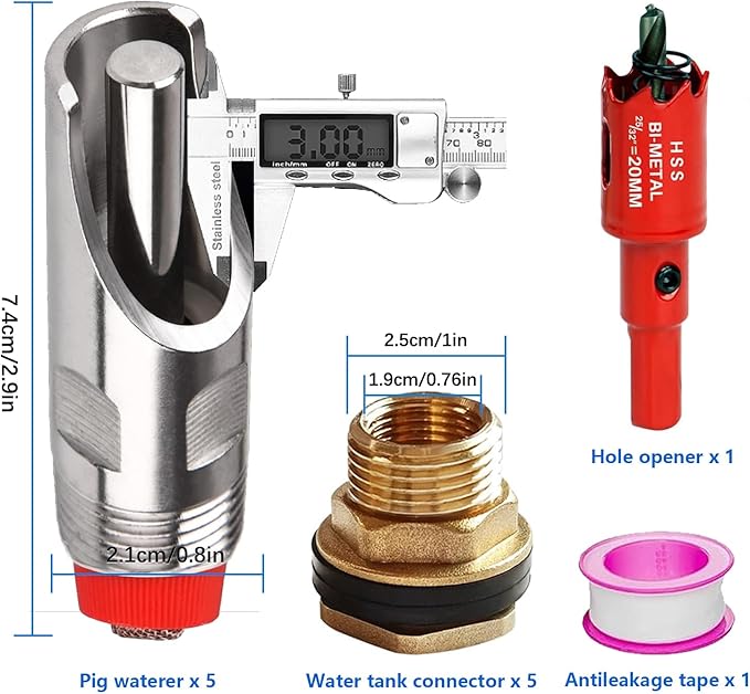 5 Pcs Pig Nipple Drinkers Kit Auto Pig Watering System Stainless Steel with 5 Pcs Brass Water Tank Connector 1Pcs Hole Opener for Pig Goats Swine Piglets Drinking (5pcs, Stainless Steel&Brass)