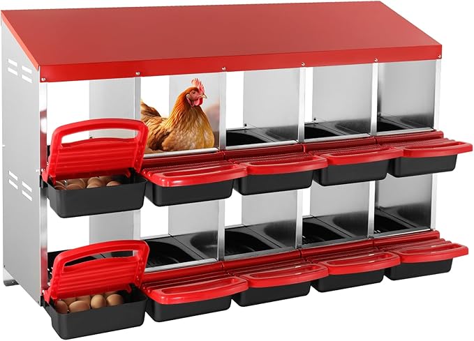 VEVOR Chicken Nest Box, 10-Compartment, 30 to 45 in Stable & Corrosion-Resistant Mental Nesting Boxes with Inclined Nesting Boxes, Bottom Holes & Resting Platform, Fit for Different Chicken Breeds