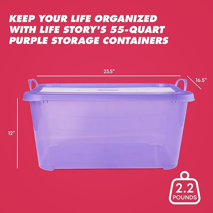 Life Story 24 Pack Light Duty Stackable Storage Bin, 55 Quart Home Organizer, Versatile Lightweight Locking Bins with Carrying Handles, Purple