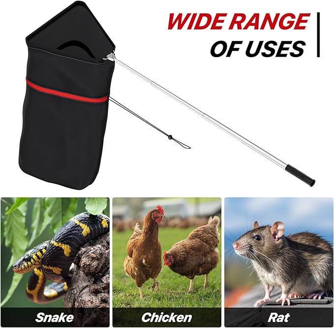 Chicken Net Catcher, Snake Catcher Net with Secure Drawstring, 29"-65" Handing Tool for Moving Pick-Up Chicken, Duck, Goose, Cat, Bird, Raccoon, Dog, Rattle Snakes Lizard Reptiles and Others