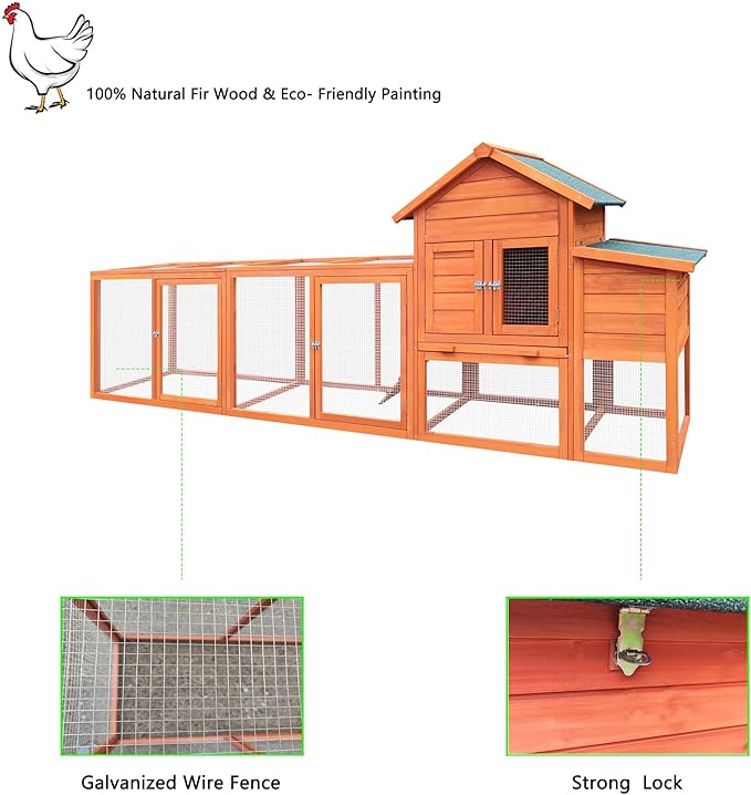 122" Wood Chicken Coop with Nesting Box,Outdoor Chicken Run W/Run&Perch,Wooden Large Hen House W/Ramp&Sliding Trays,Waterproof Poultry Cage W/Sloped Asphalt Roof,for Backyard Farm Use,Natural
