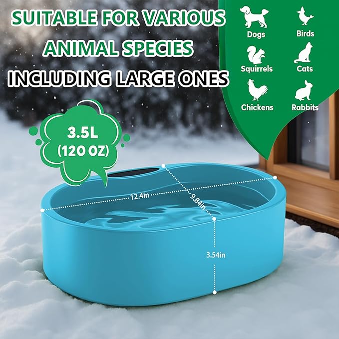 Heated Water Bowl for Dog Cat, Outdoor Warming Dog Bowl with Chew Resistant Power Cord, Waterproof Heat Pet Bowl Smart Heating in Winter Antifreeze for Dog Cat Chicken Duck, 125 fl oz (Teal Blue)