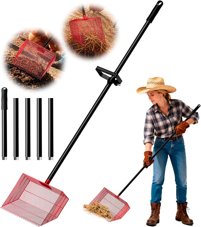 Chicken Poop Scooper with 12" Wide Heavy Duty Litter Shovel and Adjustable 25–73" Steel Handle, Multi-Section Detachable Pole Poop Rake for Easy Chicken Coop Cleaning, Durable Metal Accessories