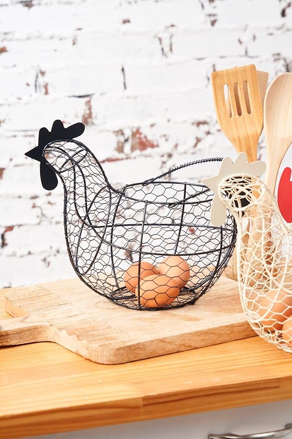 tag 11.5 inch Black Farmhouse Rustic Vintage Chicken Wire Egg Basket with Handle for Egg Holder Fruit and Kitchen Living Room Home Rooster Decor Decoration Collecting and Countertop Storing Eggs
