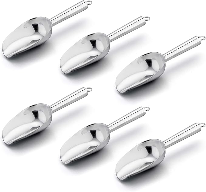 Mini Ice Scoop Set of 6, E-far 3 Ounce Stainless Steel Kitchen Scoops, Ideal for Candy/Ice Cube/Flour/Sugar/Coffee Bean/Protein Powder, Food Grade & Anti Rust, Easy Clean & Dishwasher Safe