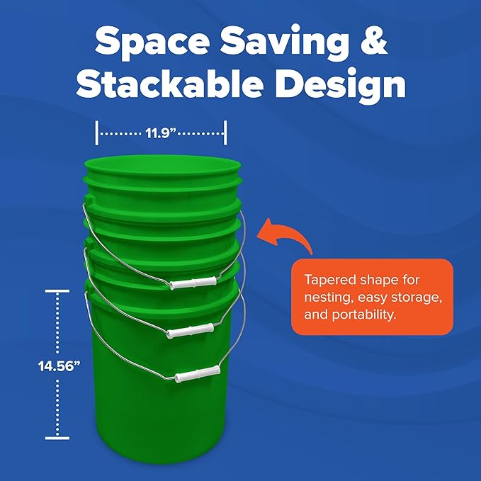 5 Gallon Bucket Only | Made in USA | Food Grade | Durable 90 Mil All Purpose Pail | BPA Free | Premium HPDE | Easy Stack and Store | Lids Not Included (Green, 6)