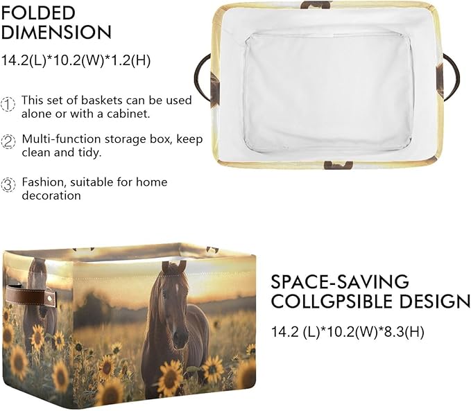 JIPONI Horse Sunflower Fabric Storage Bins for Shelves, Decorative Storage baskets for organizing, Closet Organizer with Handle for Cloth, Toys