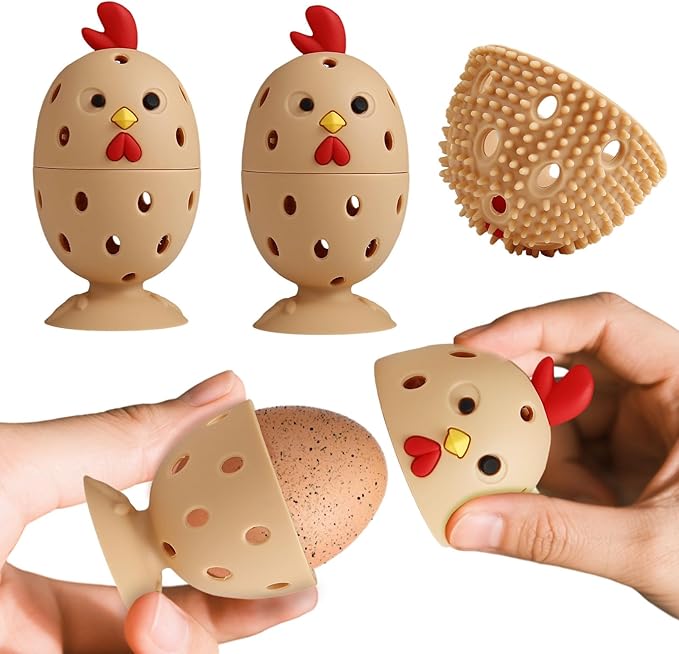 4PCS Silicone Egg Cleaner Brush Set, Egg Wash Brush Scrubber for Fresh Eggs Fruits Vegetables, Reusable Non-Scratch Multifunctional Rotating Egg Washer Tool (Brown)