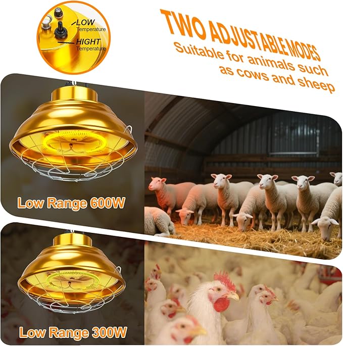 Heat Lamp for Chicken Coop, 400 Watts Carbon Fiber Chicken coop Heater, Adjust 2 Mode Temp&Hanging Height, Waterproof,Indoor & Outdoor Heater,For Cow,Sheep,Livestock (（round 600W)