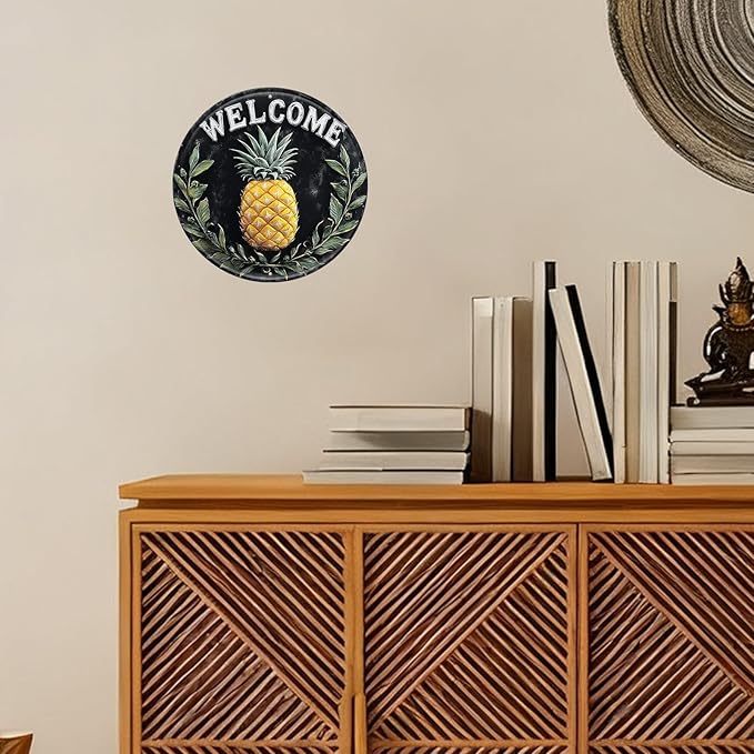 Welcome Pineapple Round Metal Tin Sign Wreath Vintage Farmhouse Wall Decor for Home Living Room Kitchen Dining Bedroom 8x8inch