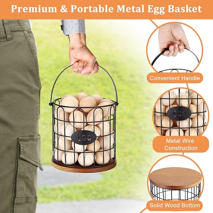 7'' Farmhouse Egg Basket for Gathering Fresh Eggs, Metal Egg Holder Countertop for Chicken Eggs, Round Metal Wire Basket with Handle & Wooden Base, Vintage Kitchen Decor(Style 1-Straight)