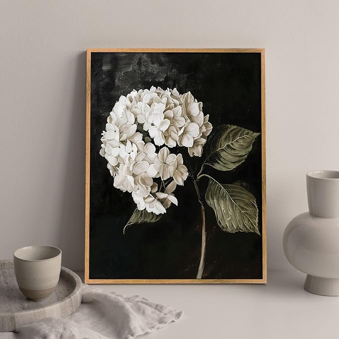 Vintage Flower Framed Wall Art Farmhouse Botanical Pictures Black White Hydrangea Painting Dark Floral Poster Rustic Plant Artwork White Hydrangea Pictures Antique Still Life Painting 8x10inch Framed