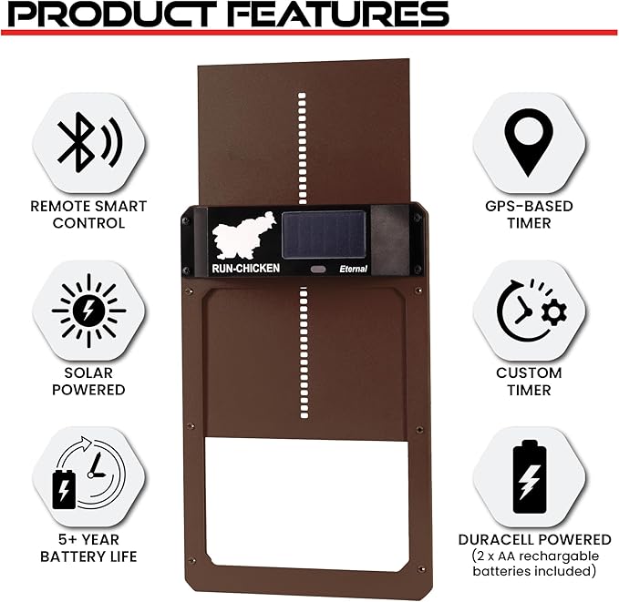 RUN-CHICKEN Door Eternal – Solar Automatic Chicken Coop Door with Built-in Solar Power & Battery Backup, Smart App & Timer Control, Weatherproof Aluminum, Predator-Proof, Easy to Install (Brown)