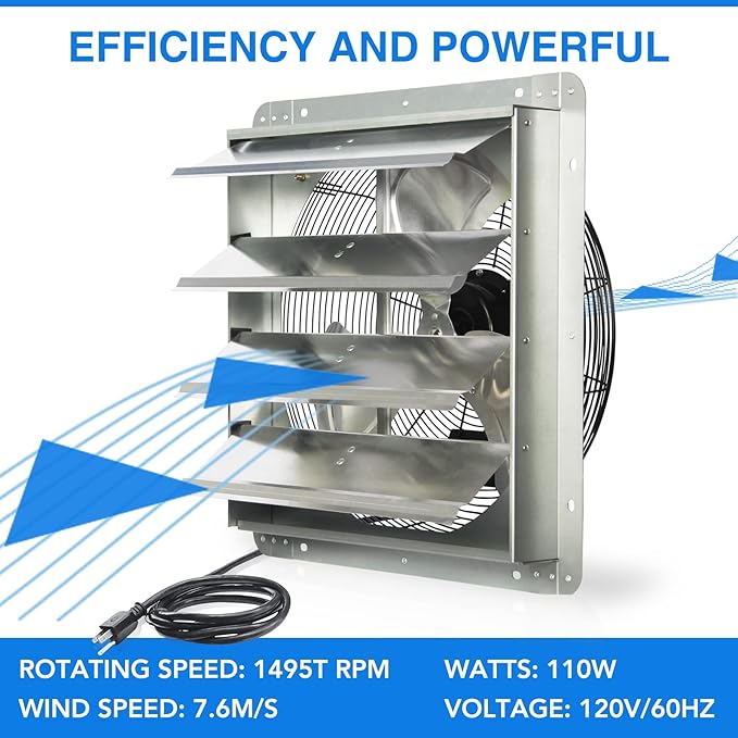 KEN BROWN 18 Inch Shutter Exhaust Fan, Gable Vent Fan, Wall Mount Ventilation, High Speed 2600 CFM, Automatic Aluminum Blades, for Garages, Shop, Greenhouse, Attic, with Power Cord