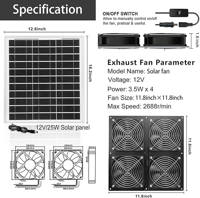 Solar Exhaust Fan, 25W Powerful Solar Fan for Chicken Coop, Easy Installation, Weatherproof, Ventilate Your Chicken Coop Shed Greenhouse Dog House with Zero Electricity Cost