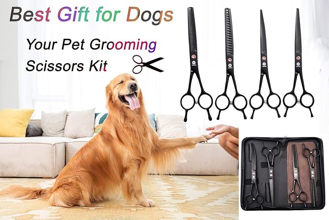 Dream Reach 7.0 Inches Professional Pet Cat Dog Grooming Shears Scissors, Straight, Curved, Thinning/Blending/Chunking Scissors Kit (4-Set)