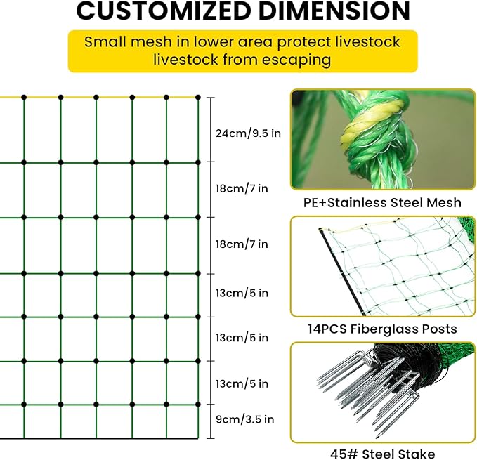 Electric Fence Netting, 42.6" H x 164'L Electric Anti-Predator Poultry Fence, PE Net Fencing Kit with 14 Posts Double Spiked, Movable Livestock Nets for Sheep, Hogs, Cattle and Other Big Poultry