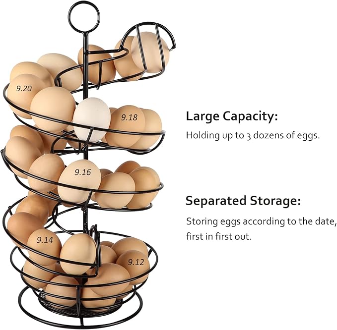 QUTREY Black Metal Egg Holder Countertop, Fresh Egg Skelter, Spiral Design Egg Dispenser Rack with Storage Basket for Display Easter Eggs