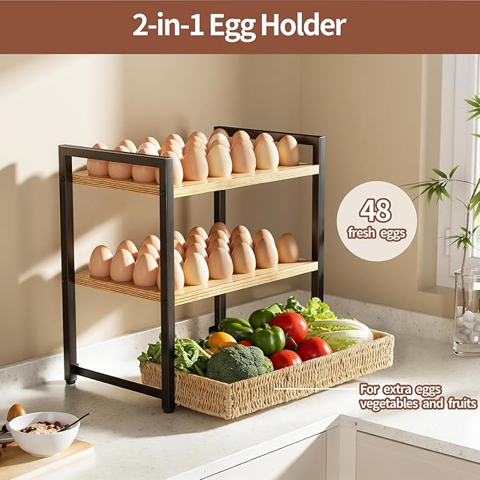 Nuovoware 3-Tier Egg Holder Countertop with Basket for 48+60 Eggs, Wooden Egg Basket with Carry Handle Gathering 100+ Fresh Quail, Duck, Turkey, Chicken Eggs, Kitchen Storage Home Farmhouse Decor