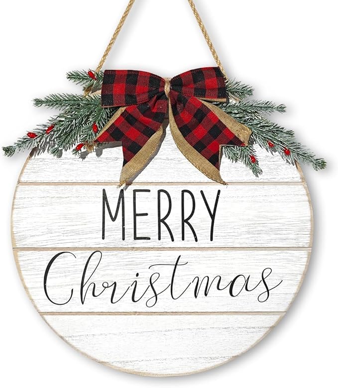 Bunny Chrous Christmas Door Sign: Rustic White Merry Christmas Wreaths for Front Door Wall Porch Home Office School, 12" Farmhouse Classic Elegant Door Decor, Vintage Door Decorations Indoor Outdoor