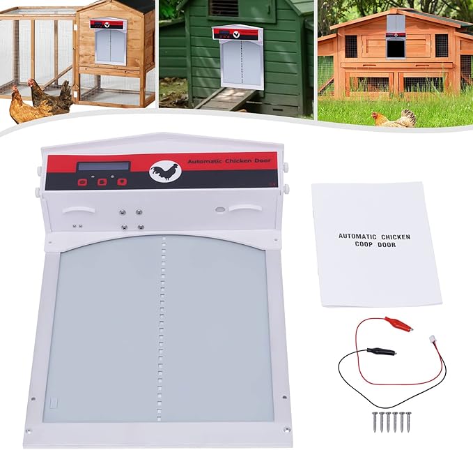 Automatic Chicken Coop Door with Timer&Light Sensor, Weatherproof Chicken Door Opener Kit with LCD Screen, Anti-Pinching Protect Function, Safety Mechanism, Battery Powered
