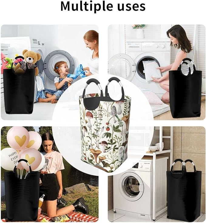 Mushrooms Berries Laundry Basket Green Plants Foldable Laundry Hamper Collapsible Laundry Baskets with Handles Clothes Hamper Laundry Tote Bag for Dorm Family Storage Bin 50L