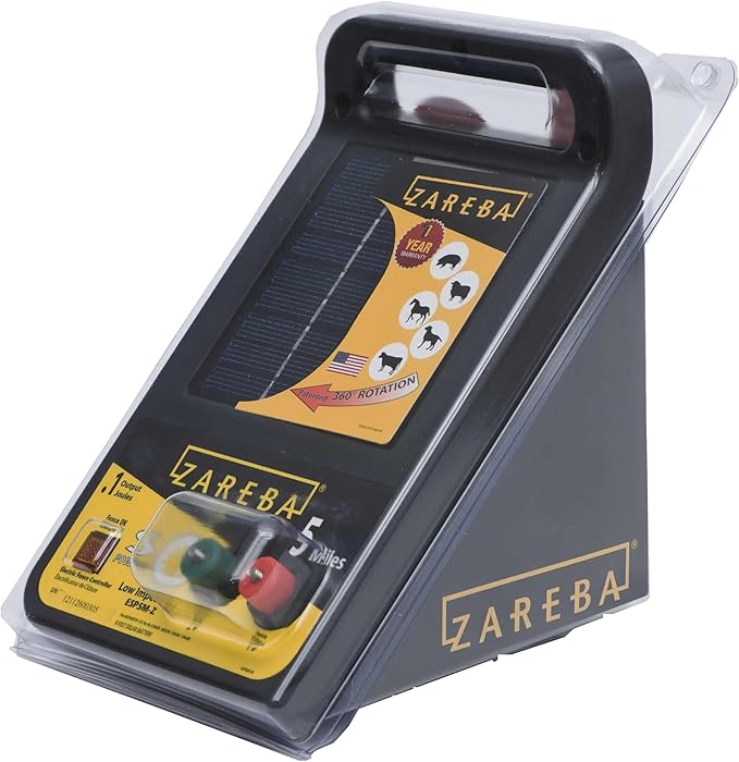 Zareba ESP5M-Z Solar Powered Electric Fence Charger - 5 Mile Lightning Electric Fence Energizer, Low Impedance, Contain Animals and Keep Out Predators, Black