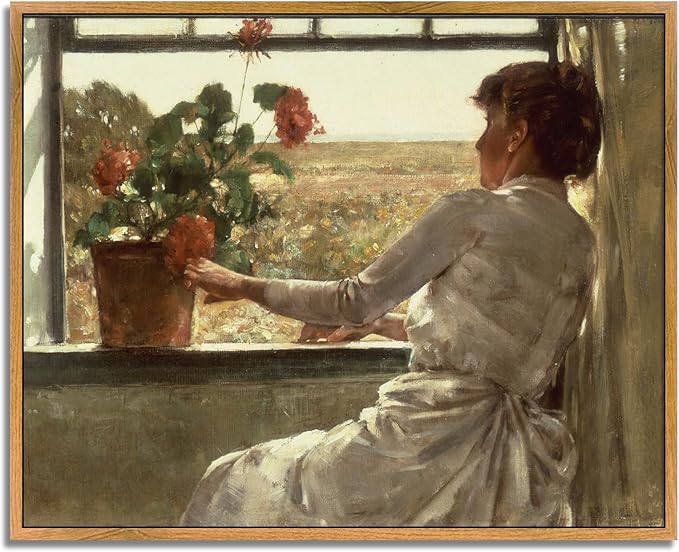 Farmhouse Women Painting Retro Landscape Artwork Women Portrait Art Victorian Wall Art Flower in Vase Painting Vintage Woman Picture Nature Scenery Artwork Window View Farmhouse Wall Art 8x10in Framed