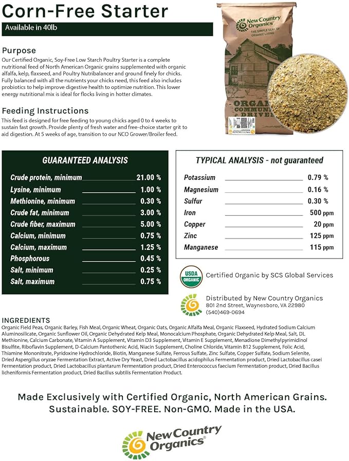 New Country Organics | Starter Feed for Growing Chicks | Soy-Free and Corn-Free | 21% Protein | Certified Organic and Non-GMO | 40 lbs