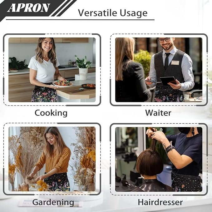 Waist Apron with 3 Pockets Waterproof 13 Inch Short Half Waist Aprons Women Men Server Aprons Waitress Waiter Apron