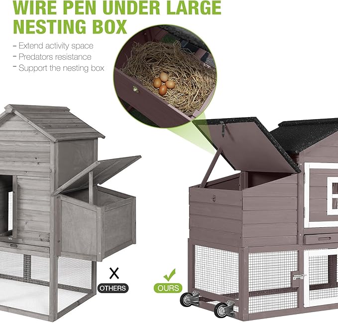 GUTINNEEN Chicken Coop Mobile Hen House Wooden with Run Poultry Cage with Nesting Box,Field Grey