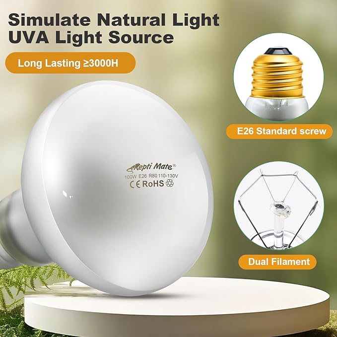 2Pack Reptile Heat Lamp Bulbs, 100W Reptile Heat Emitter Basking Spot Light, UVA Daylight Heat Lamp Bulbs for Chickens Coop Reptiles Pets Brooder Use