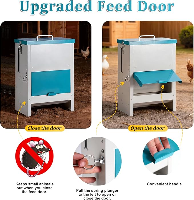 10L Automatic Chicken Feeder Metal No Waste Poultry Feeder Gravity Fed Self Feeding Large Chicken Food Dispenser with Lockable Lid and Rain Cover