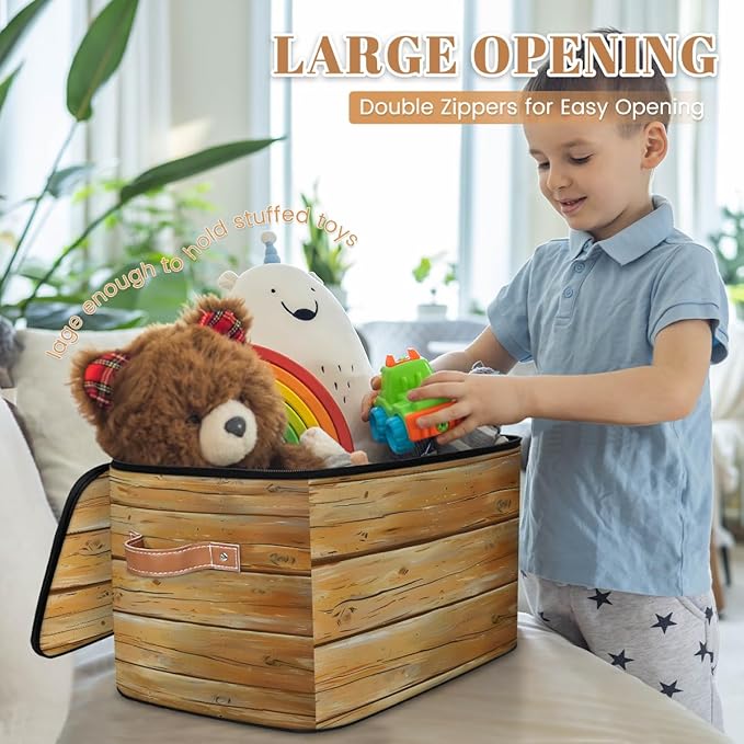 Rustic Texture Wood Storage Bins with Zipper Lid Fabric Storage Containers for Clothes Collapsible Closet Storage Basket with Metal Frame 2 Pack