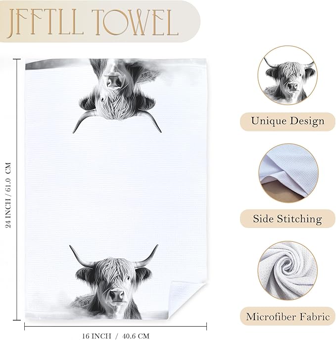Highland Cow Bathroom Decor Hand Towels, Highland Cow Gifts for Women, Black and White Farm Animal Hand Towels for Bathroom Washroom Restroom Decor, 16x24 Inch, Set of 4