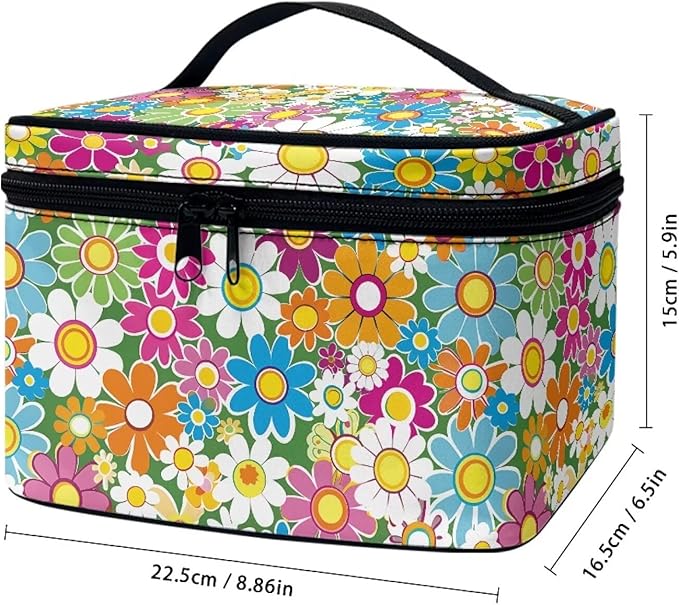 Retro 70S Colorful Hippie Flower Print Travel Makeup Bags for Women Portable Tote Cosmetic Case with Carry Handle Toiletry Accessories Storage Organizer Bags