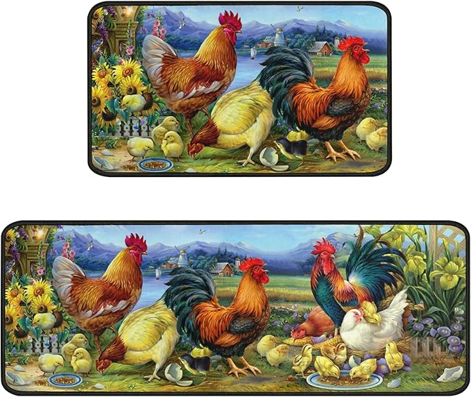Rooster Kitchen Rug Decor 2 Pieces Set Farmhouse Style Kitchen Mat Washable Runner Rug Chicken Sunflower Decoration Indoor Floor Mat 17" x 47" + 17" x 30"