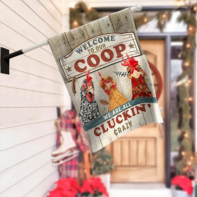 Chicken Garden Flag – Welcome to Our Coop Funny Chicken Flag, Rustic Farmhouse Chicken Coop Yard Decor, Funny Chicken Lover Gift for Farmer Women Men